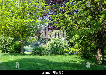 Schönen Parklandschaft. In den Tiefen der Park am Ufer des Sees sehen Sie die Silhouette eines Mannes, der an einem Computer arbeitet (liest, zieht Stockfoto