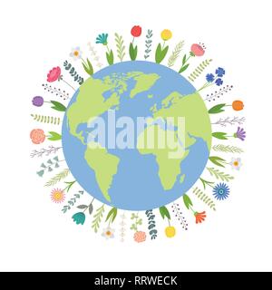 Die Erde ist von Blumen, glücklichen Tag der Erde umgeben. Vector Illustration auf weißem Hintergrund isoliert Stock Vektor