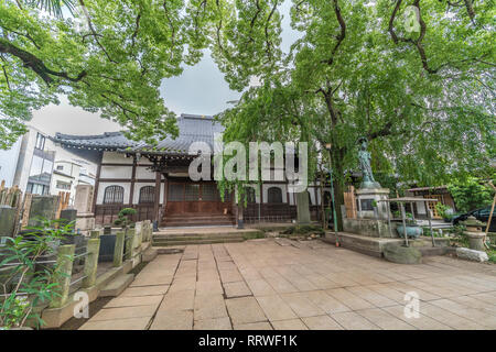 Taito Bezirk, Tokyo, Japan - 18. August 2017: Honden und Bodhisattva Kannon Statue an Daioji Nichiren Schule des Buddhismus Tempel und Friedhof. In entfernt Stockfoto