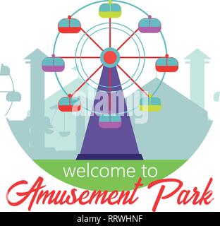 Zum Vergnügungspark Vergnügungspark Landschaft im flachen Stil Vector Illustration Willkommen. Vektor Konzept für Internet, Apps Stock Vektor