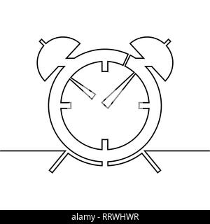 Der Wecker wird durch eine Linie auf einem weißen Hintergrund dargestellt. Einzelne Linie zeichnen. Durchgehende Linie. Vektor Stock Vektor