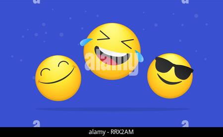 Drei lachen Emoticons helle Vektor Konzept Abbildung von lächelnden Emoji Icons für Chat, Boten und Netzwerke. Flache positive Köpfe Emotionen sym Stock Vektor