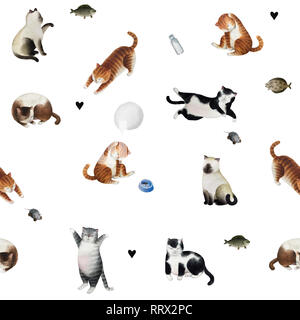 Nahtlose Muster mit niedlichen Aquarell Katzen auf weißen Hintergrund für Design, Postkarten isoliert, Banner. Stockfoto