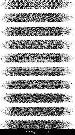 Satz von zehn schäbig, grunge Stil, schmutzige Vektor Spuren der Reifen. Stock Vektor