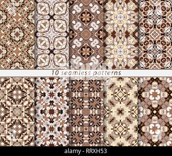 10 nahtlose Muster im orientalischen Stil. Östlichen Verzierungen für Design Stoff, Geschenkpapier oder Scrapbooking. Vector Illustration in Brauntönen gehalten. Stock Vektor