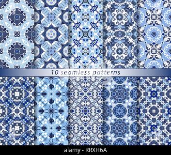 10 nahtlose Muster im orientalischen Stil. Östlichen Verzierungen für Design Stoff, Geschenkpapier oder Scrapbooking. Vector Illustration in Blau und Weiß. Stock Vektor