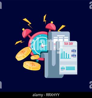 Steuer Tag mit Wecker und Symbole Vector Illustration Design Stock Vektor