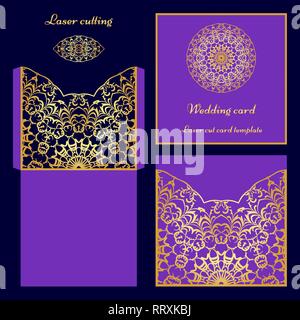 Hochzeit Einladung oder Grußkarte mit klassischen Ornament. Bild für Laserschneiden oder Druck geeignet. Gold Muster auf blauem Hintergrund. Vektor Stock Vektor