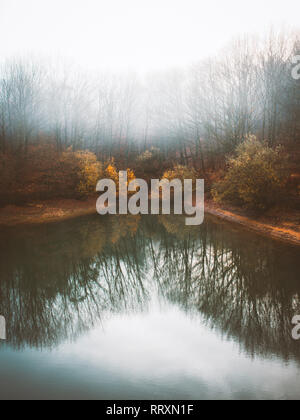 Ruhige See Wasser mit Reflexion der herbstlichen dunkle Bäume im dichten Nebel Stockfoto