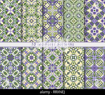 Satz von zehn klassischen nahtlose Muster in Blau- und Grüntönen. Dekorative und Gestaltungselemente für Textilwaren, Buchumschläge, Fertigung, Hintergrundbilder, Stock Vektor