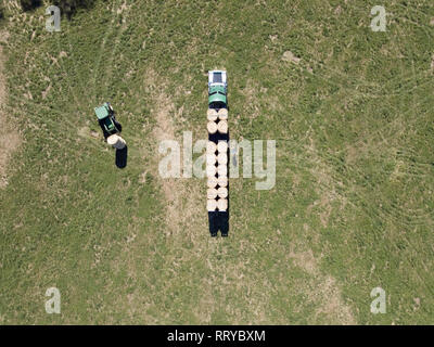 Luftaufnahme der Australischen Landwirtschaft mit Traktor laden Heuballen auf LKW und Auflieger in einem grünen Paddock. Drone Fotografie von oben. Stockfoto