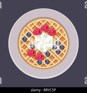 Vektor belgische Waffeln auf Platte mit Eis und bunte Beeren auf weißem Hintergrund. Frühstück hausgemachte Waffel mit Sahne, Blaubeere und Stock Vektor