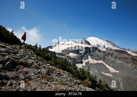 WA 15805-00 ... WASHINGTON - Wanderer oben Pfannenstiel Lücke von fryingpan Gletscher, wenig Tahoma und Mount Rainier im Mount Rainier National Park zu sehen. Stockfoto