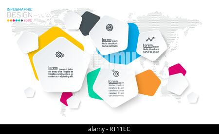 Fünfecke label Infografik mit 4 Stufen. Stock Vektor