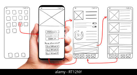 UI-Entwicklung. Männliche hand Smartphone mit wireframed Benutzeroberfläche Bildschirm Prototypen einer mobilen Anwendung auf weißem Hintergrund. Stockfoto