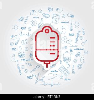 Blut spende - Symbol und handdrawn Healthcare doodles Hintergrund Stock Vektor