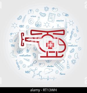 Medizinischen Hubschrauber Taste auf handdrawn Healthcare doodles Hintergrund. Vektor Stock Vektor