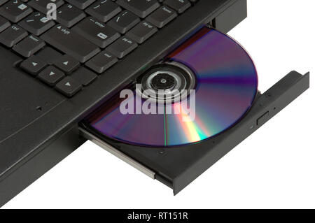 Alter Laptop mit optischem Laufwerk. Auf weissem Hintergrund. Stockfoto