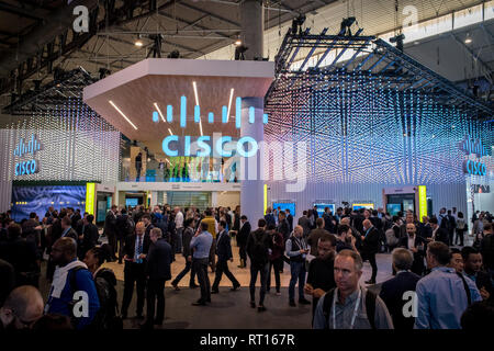 Barcelona, Spanien. 26. Februar 2019. Februar 26, 2019 - Barcelona, Katalonien, Spanien - CISCO Pavillon während der GSMA Mobile World Congress 2019 in Barcelona, der weltweit wichtigsten Veranstaltung auf mobilen Geräten die Kommunikation mit den führenden Unternehmen und die neuesten Entwicklungen in der Branche. Credit: Jordi Boixareu/Alamy leben Nachrichten Stockfoto