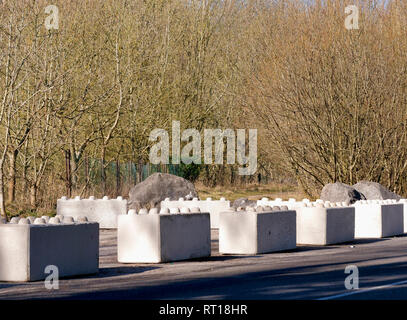 Wirksworth, Derbyshire Dales, UK. 27. Feb 2019. Konkrete Bausteine auf dem Parkplatz platziert Wirksworth Beauty Spot in Besitz von wirksworth Stadt Rates (Arbeit) nach Derbyshire Dales District Council (konservativ) auf einem Standortwechsel BRT Reisenden Camp zu umstrittenen Land neben Stoney Holz, Wirksworth, Derbyshire Dales gestimmt zu schützen. Wirksworth Stadtrat Suchen Rechtliche Hinweise die Bäume zu Testen & schützen, seltene Orchideen und andere Wildtiere in und um diesen Anblick von besonderem wissenschaftlichen Interesse. Quelle: Doug Blane/Alamy leben Nachrichten Stockfoto