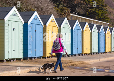 Bournemouth, Dorset, Großbritannien. 27 Feb, 2019. UK Wetter: warmes Wetter fährt mit einem anderen schönen warmen sonnigen Tag in Bournemouth wie Besucher die Sonne am Meer genießen. Bournemouth strand ist der beste Strand in Großbritannien gewählt. Frau Wandern mit Hund entlang der Promenade Vergangenheit Strandhütten. Credit: Carolyn Jenkins/Alamy leben Nachrichten Stockfoto