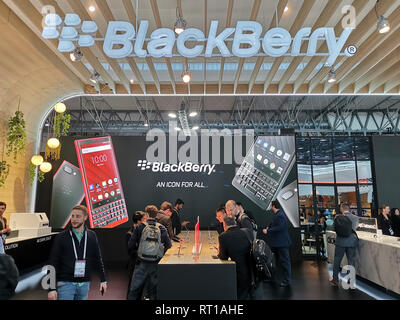 Barcelona, Spanien. 26. Februar, 2019. Blackberry stand und einen Teil der Atmosphäre an MWC2019, Kredit: Jovana und Miodrag Kuzmanović/Alamy leben Nachrichten Stockfoto