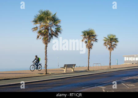 Southend-on-Sea, Essex, Großbritannien. 27. Februar, 2019. UK Wetter: Die ungewöhnlich sonniges Wetter weiterhin in Southend - einen Blick auf einen Mann, Radfahren entlang des Meeres Credit: Ben Rektor/Alamy leben Nachrichten Stockfoto