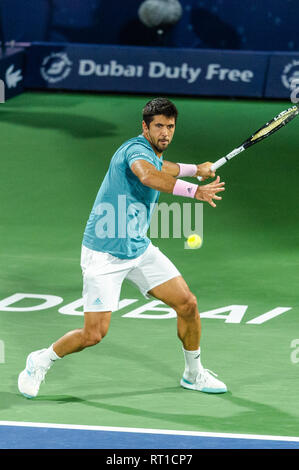 Fernando Verdasco aus Spanien in der zweiten Runde gegen Roger Federer aus der Schweiz während der Dubai Duty Free Tennis Meisterschaft am Dubai International Tennis Stadium, Dubai, UAE am 27. Februar 2019. Foto von Grant Winter. Stockfoto