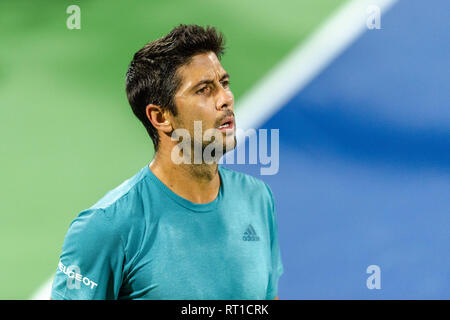 Fernando Verdasco aus Spanien in der zweiten Runde gegen Roger Federer aus der Schweiz während der Dubai Duty Free Tennis Meisterschaft am Dubai International Tennis Stadium, Dubai, UAE am 27. Februar 2019. Foto von Grant Winter. Stockfoto