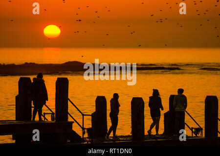 Aberystwyth Wales UK Mittwoch, den 27. Februar 2019. UK Wetter: Menschen am Meer Aberystwyth, wie die Sonne, die die meisten der sensationell heiß und sonnig, 'Winter' Wetter, während es dauert. Das Wetter Prognose zu starten ab morgen zu verschlechtern, mit mehr typische windig und kühler Anfang März Foto Keith Morris/Alamy Live Nachrichten erwartet Stockfoto