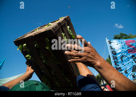 Buenos Aires, Argentinien. 27 Feb, 2019. Landwirtschaftliche Arbeitnehmer Hand selbst Gemüse Kisten in einem Protest vor dem Sitz der Regierung in der argentinischen Hauptstadt. Ausführungen UTT Bauern protestieren seit Monaten für bessere Produktionsbedingungen. Credit: Mario De Fina/dpa/Alamy leben Nachrichten Stockfoto