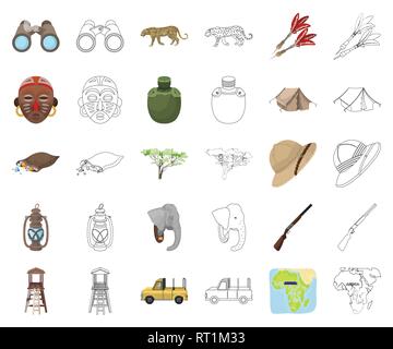 Afrika, Tier, Tasche, Fernglas, Auto, Cartoon, Outline, Sammlung, Dart, Verteidigung, Diamanten, Elefant, Unterhaltung, Ausrüstung, Flasche, Hut, Hobby, Jagd, Jäger, Icon, Illustration, isoliert, Kerosin, Lampe, Leopard, Karte, Maske, Natur, Gewehr, Safari, Savanne, Savannah, Vogelscheuche, Set, Schild, Speer, Symbol, Zelt, Gebiet, Reisen, Baum, Stamm, Trophäe, Tropen, Vector, Wachturm, Wasser, wilde Vektor Vektoren, Stock Vektor