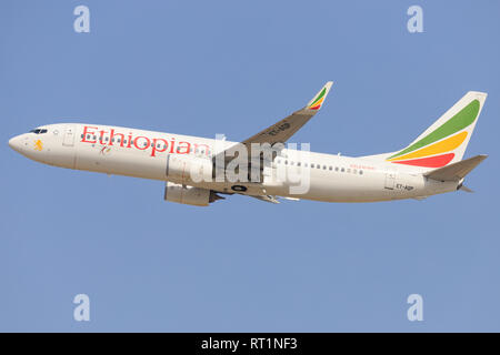 TEL AVIV, Israel - 24. Februar 2019: Boeing 737 Max der Äthiopischen auf dem Ben-Gurion International Airport. Stockfoto