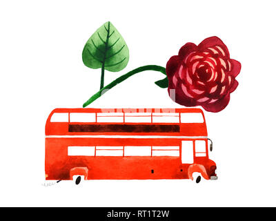 Aquarell Auto mit Hand gezeichnete Blumen auf weißem Hintergrund für Einladung, Postkarte, Banner isoliert, Muster. Stockfoto