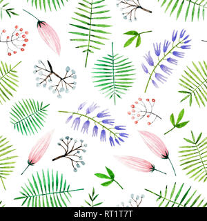 Hand gemalte Aquarell nahtlose Muster mit Blumen und Blätter. Schöne und sanfte Botanischen nahtlose Muster auf weißem Hintergrund für sie isoliert Stockfoto