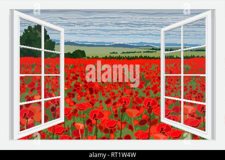 Helle Mohnfeld mit Büschen Vector Illustration Stock Vektor