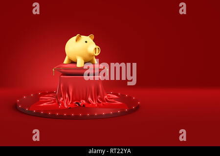 3D-Rendering der goldene Sparschwein auf dem roten Kissen und Standfuß mit rotem Tuch auf rotem Hintergrund Stockfoto