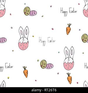 Hand gezeichnet Doodles Vector Illustration, Osterhase im Ei und bunte Ostereier nahtlose Muster mit weißen Hintergrund Stock Vektor