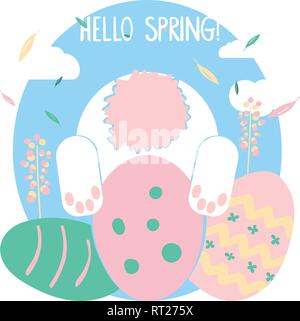 Ostern Grußkarte Design. Osterhase auf Eier Vector Illustration Stock Vektor