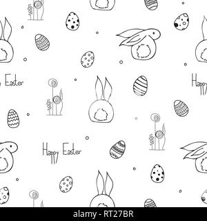 Ostern doodles seamles Muster mit Osterhasen, Eier und Blumen. Hand Vector Illustration gezeichnet. Stock Vektor