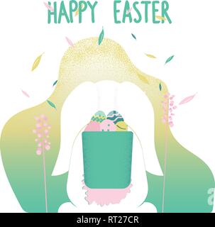 Frohe Ostern Grußkarte Design. Osterhase mit Korb mit Eier Vector Illustration. Stock Vektor