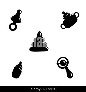 Die schwarz-weiß-Symbole für das Baby. Vektorabbildung. Eine Flasche Milch, ein Schnuller, eine Rassel und ein Spielzeug Stock Vektor