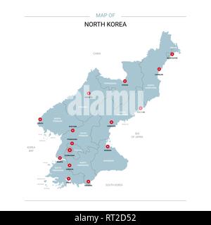 Nordkorea Vektorkarte. Editierbare Vorlage mit Regionen, Städte, rote und blaue Fläche auf weißem Hintergrund. Stock Vektor