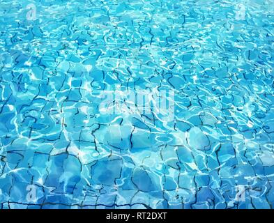 Schwimmbad unten caustics Welligkeit und Durchfluss mit Wellen Hintergrund. Sommer Hintergrund. Struktur der Wasseroberfläche. Ansicht von oben. Vector Illustration Stock Vektor