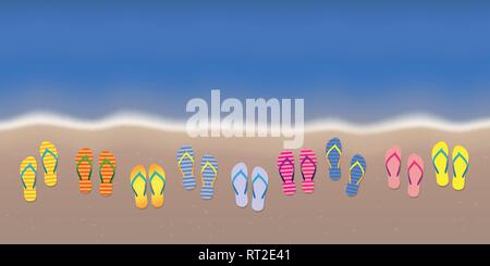 Viele Flip-Flops am Strand mit dunkelblauen Wasser Sommerurlaub Hintergrund Vektor-illustration EPS 10. Stock Vektor