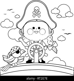 Captain eines Piratenmädels mit einem Lenkrad, der mit ihrem Papagei auf einem Schiff im Meer segelt. Vektor-Schwarzweiß-Farbseite. Stock Vektor