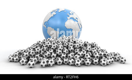 Stapel der Fußball Fußbälle und Globus. Bild mit Freistellungspfad Stockfoto