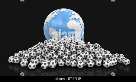 Stapel der Fußball Fußbälle und Globus. Bild mit Freistellungspfad Stockfoto