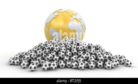 Stapel der Fußball Fußbälle und Globus. Bild mit Freistellungspfad Stockfoto