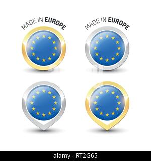 In Europa EU-Garantie Label mit der Flagge der Europäischen Union runde Gold und Silber Symbole gemacht. Stock Vektor